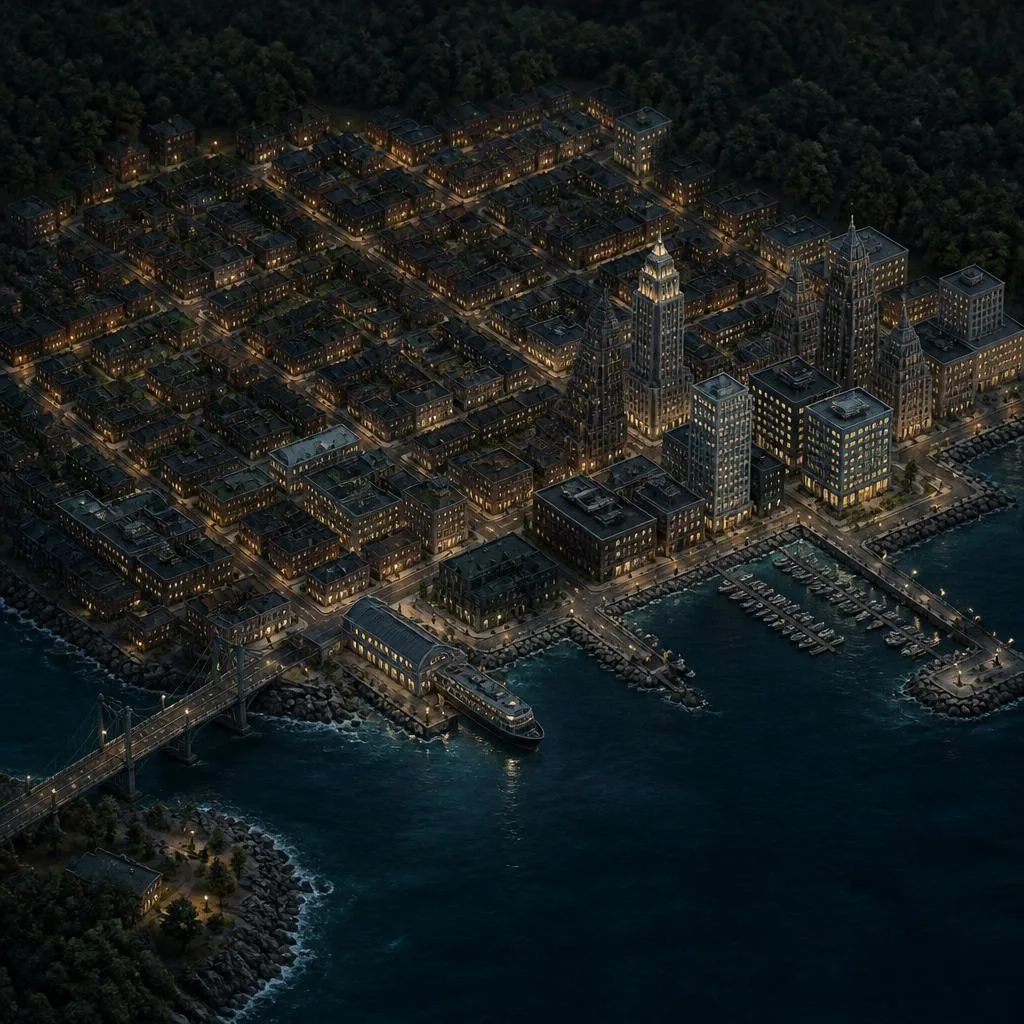 Illustrative voxel northeastern harbour city at night, not gameplay footage.